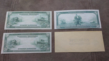 US 20 Dollar Cleveland 50 Dollar Grant St Louis and 100 Dollar Franklin New York SPECIMEN 1914 Federal Reserve Bank Notes Atlanta and Dallas district varieties back