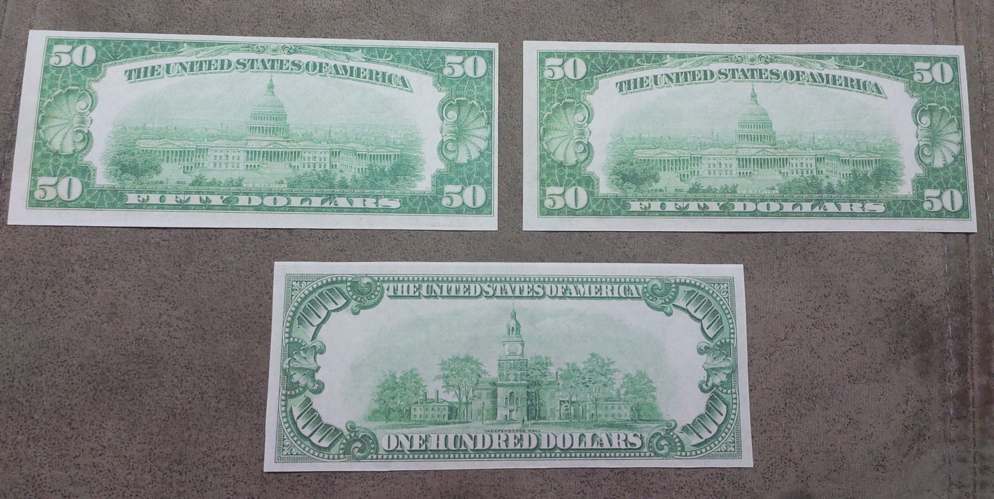 US 20 Dollar Jackson, 50 Dollar Grant, and 100 Dollar Franklin 1934 Series Federal Reserve star notes back
