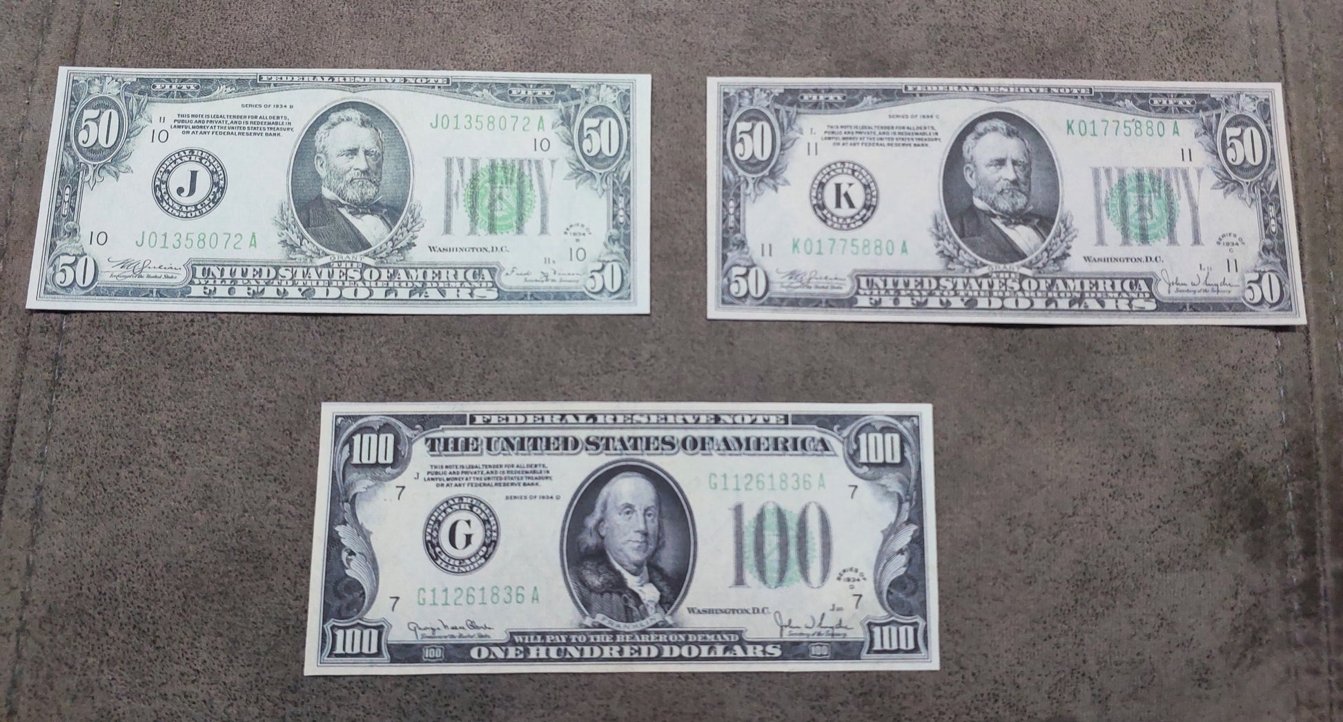 US 20 Dollar Jackson, 50 Dollar Grant, and 100 Dollar Franklin 1934 Series Federal Reserve star notes front
