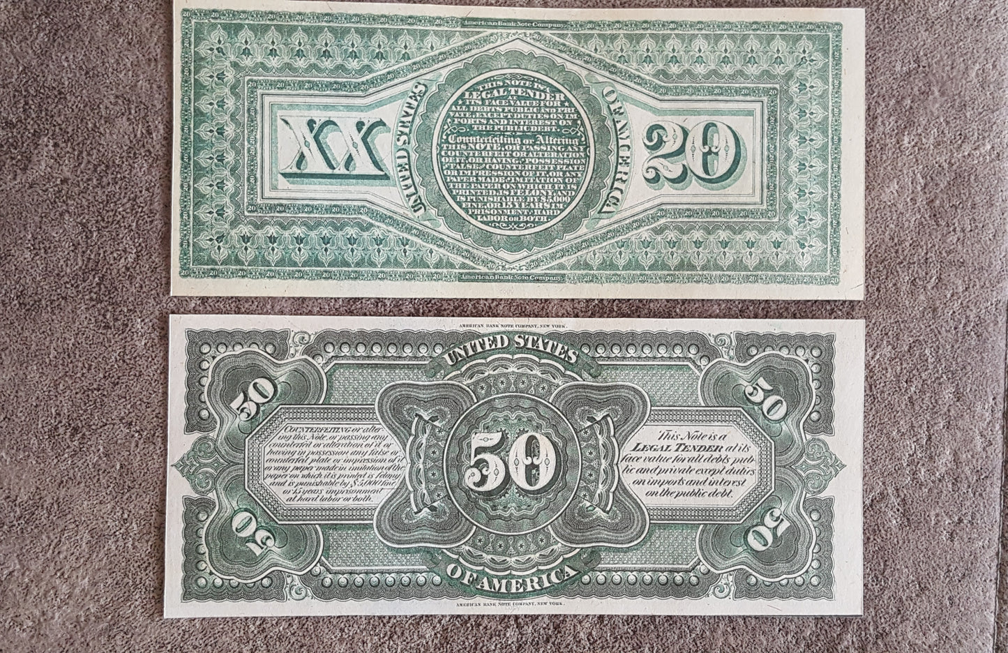 US 20 Dollar and 50 Dollar 1869 Rainbow series historical currency reverse back view