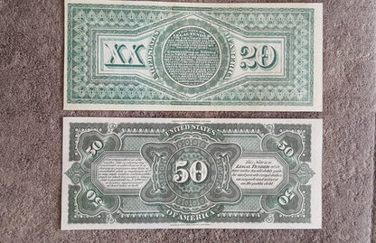 US 20 Dollar and 50 Dollar 1869 Rainbow series historical currency reverse back view