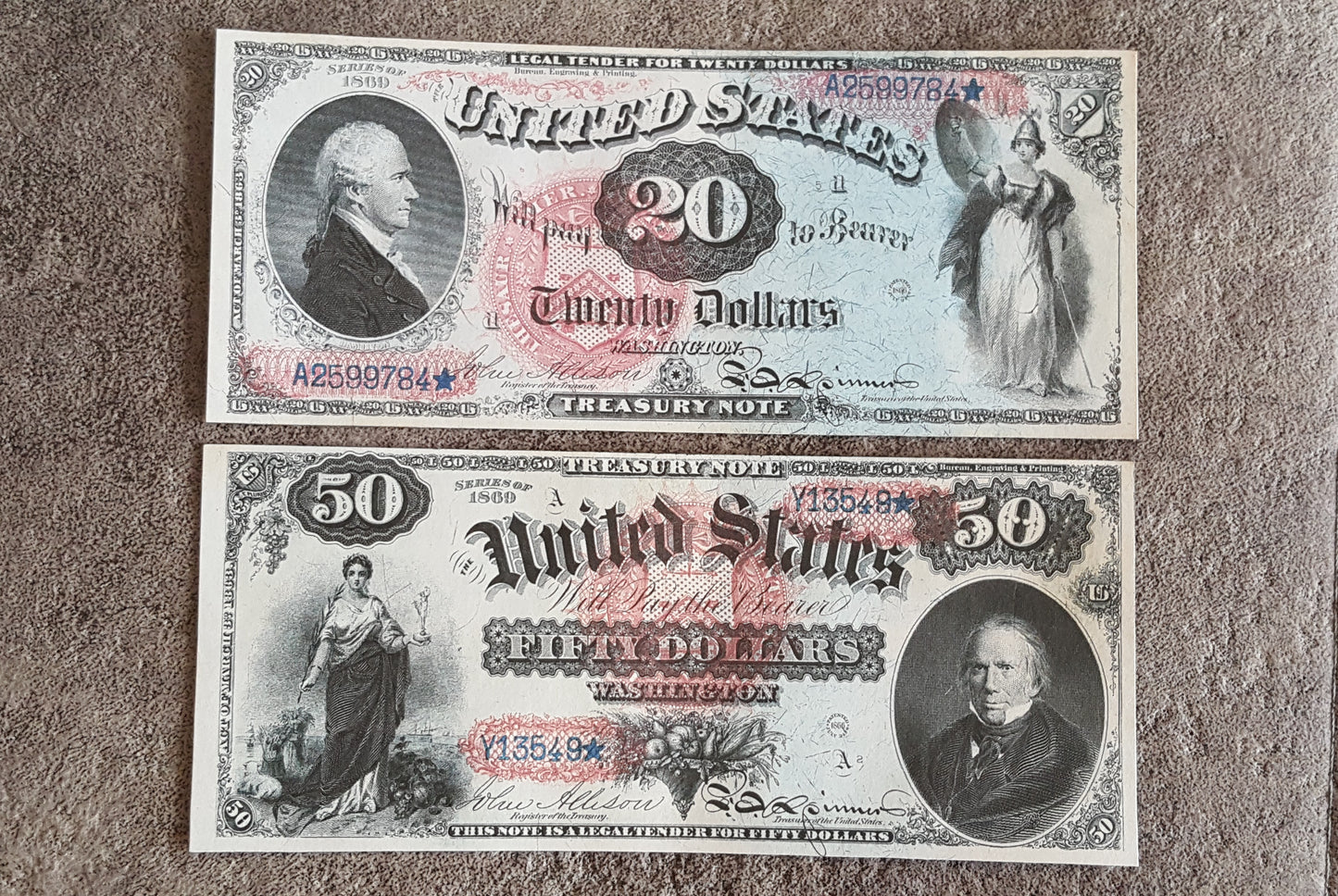 US 20 Dollar Hamilton and 50 Dollar Clay 1869 Series Legal Tender Rainbow notes front