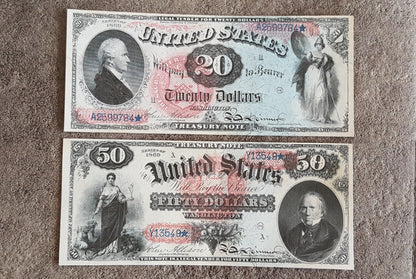 US 20 Dollar Hamilton and 50 Dollar Clay 1869 Series Legal Tender Rainbow notes front