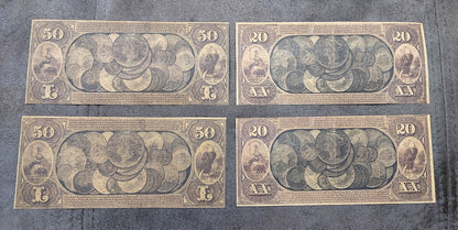 National Gold Bank Note 20 Dollar and 50 Dollar California historical notes reverse side view