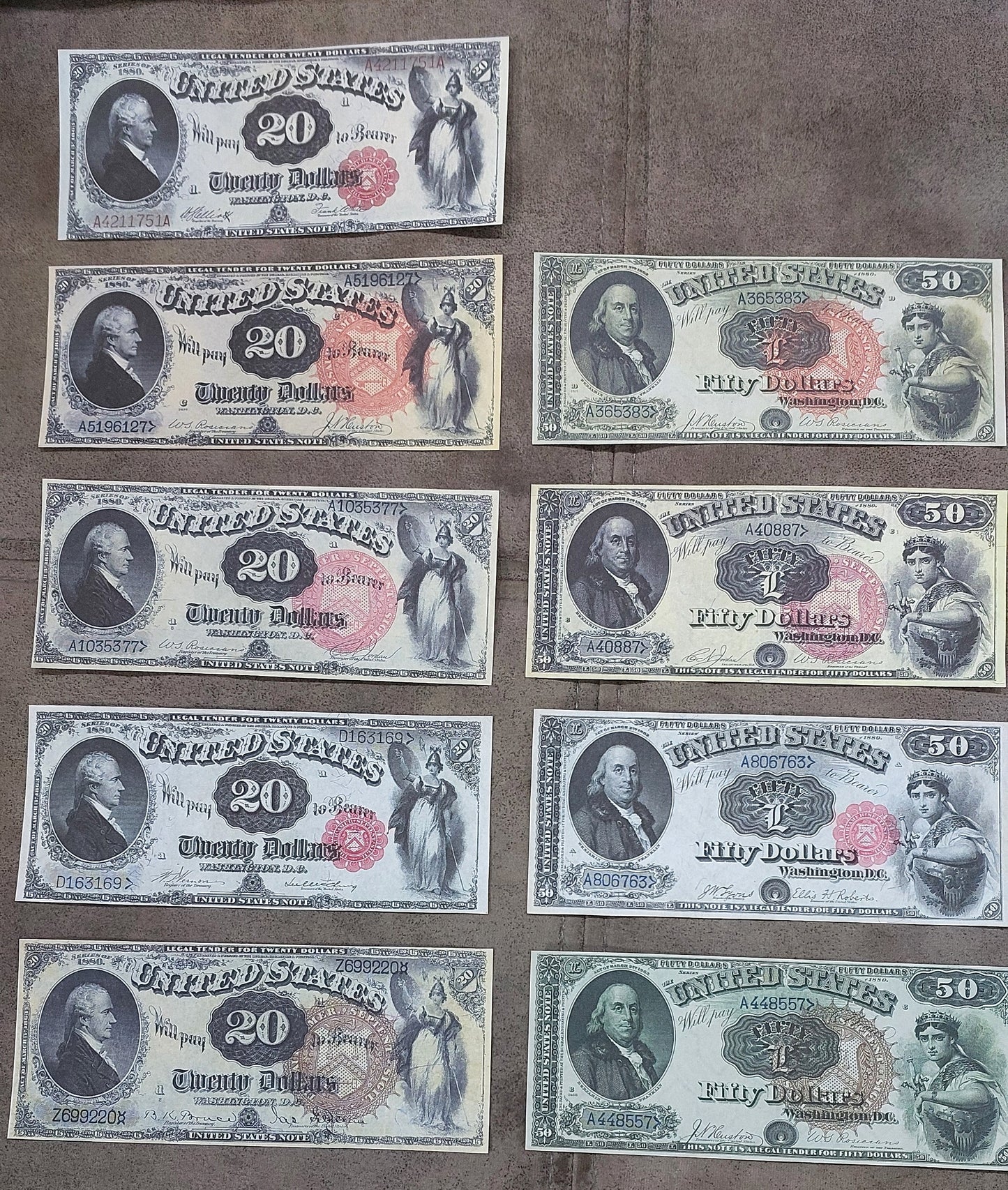 US 20 Dollar Hamilton and 50 Dollar Franklin 1880 Legal Tender notes group front view