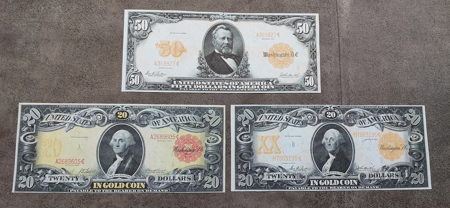 US 20 Dollar George Washington 1905 Technicolor and 1906 Series 50 Dollar Grant 1913 Gold Certificates front view