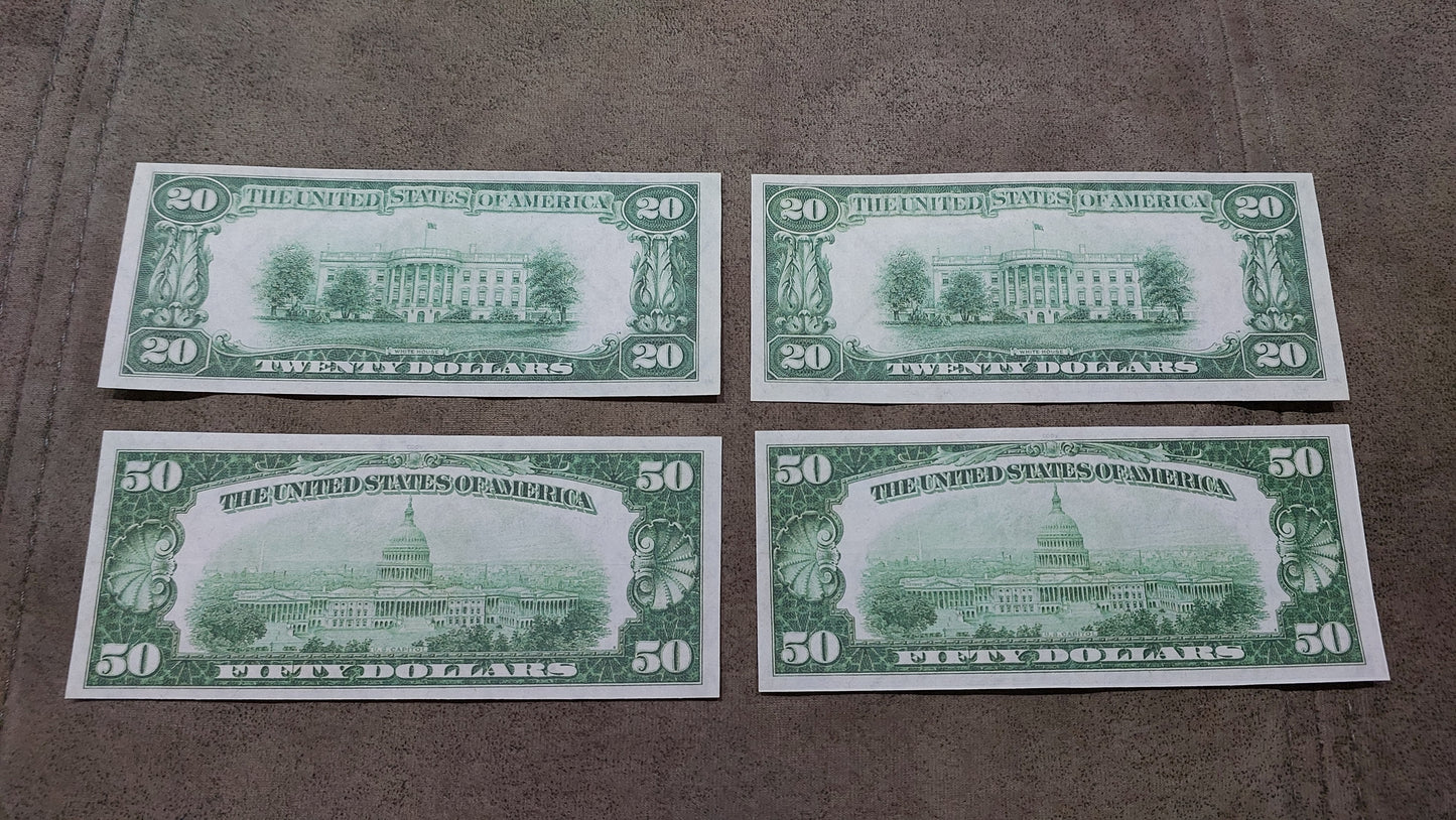 US 20 + 50 Dollar Jackson 1929 Federal Reserve Bank Notes Cleveland and Chicago districts back