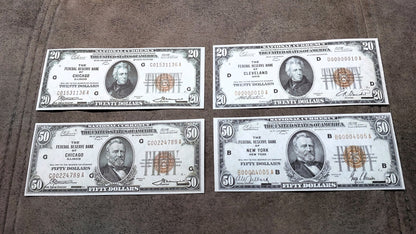 US 20 + 50  Dollar Jackson 1929 Federal Reserve Bank Notes Cleveland and Chicago districts front