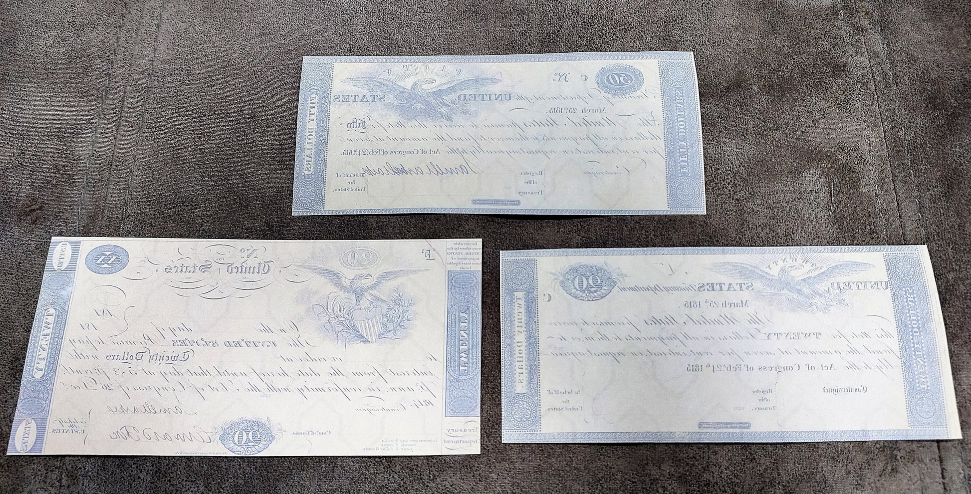 US 20 Dollar 1814 and 1815 Treasury Notes reverse side view