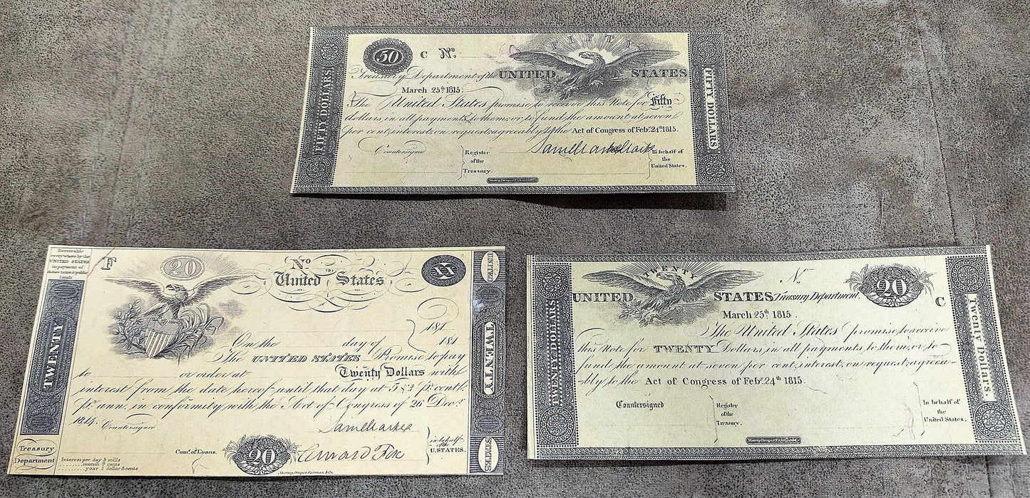 US 20 Dollar 1814 and 1815 Treasury Notes historical War of 1812 paper money front