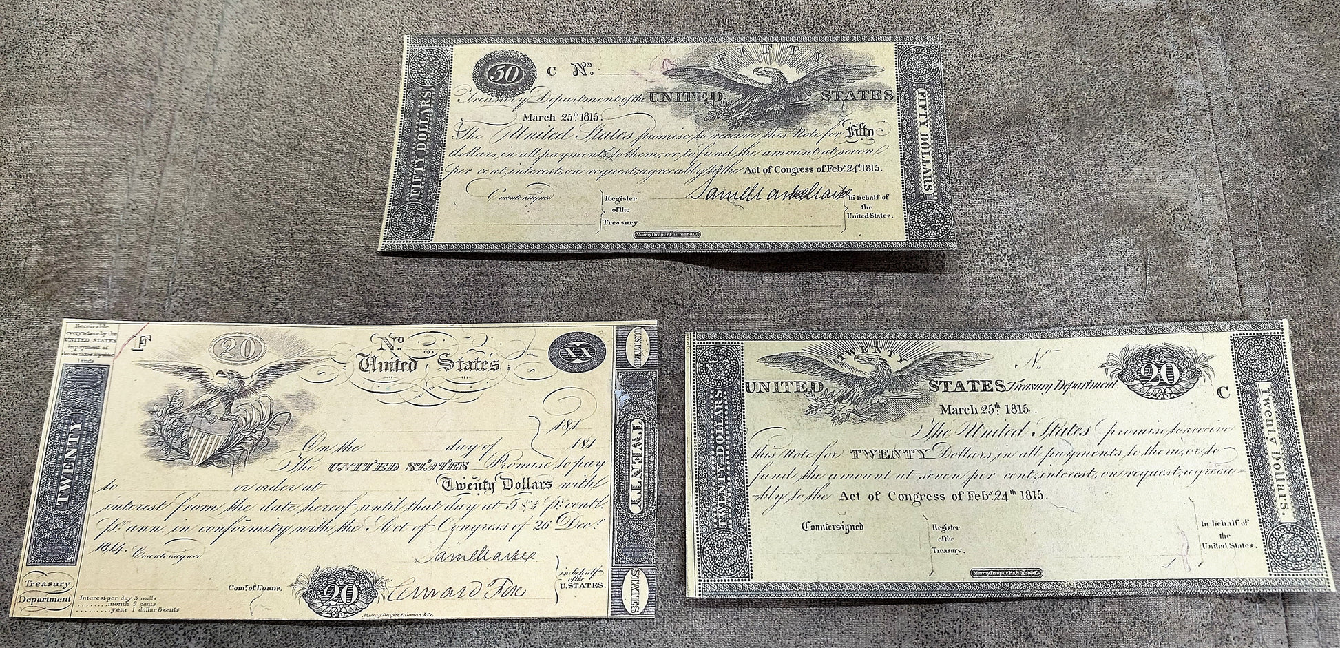 US 20 Dollar 1814 and 1815 Treasury Notes historical War of 1812 paper money front