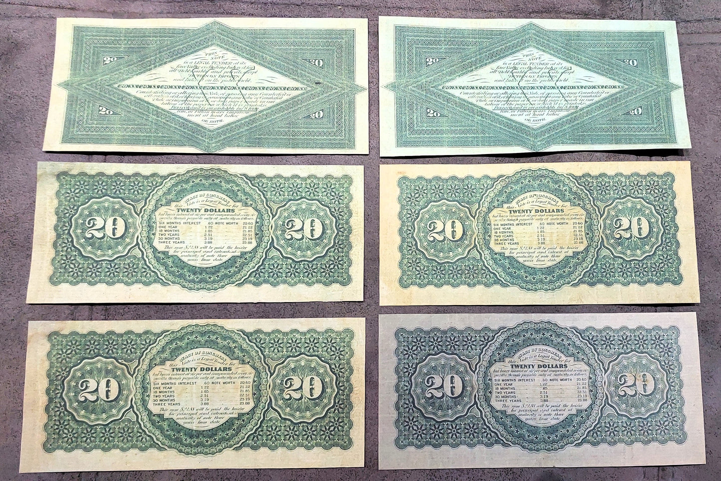 US 20 Dollar 1864 and 1865 Treasury Notes Civil War era paper money reverse side view