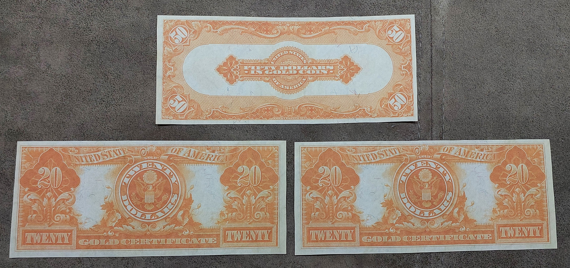 US 20 Dollar 1905 Technicolor and 1906 Gold Certificates reverse side showing golden eagle design