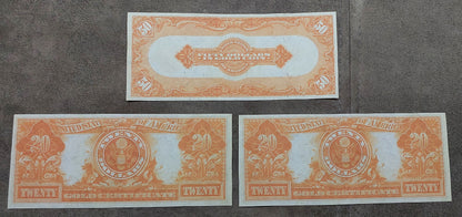 US 20 Dollar 1905 Technicolor and 1906 Gold Certificates reverse side showing golden eagle design