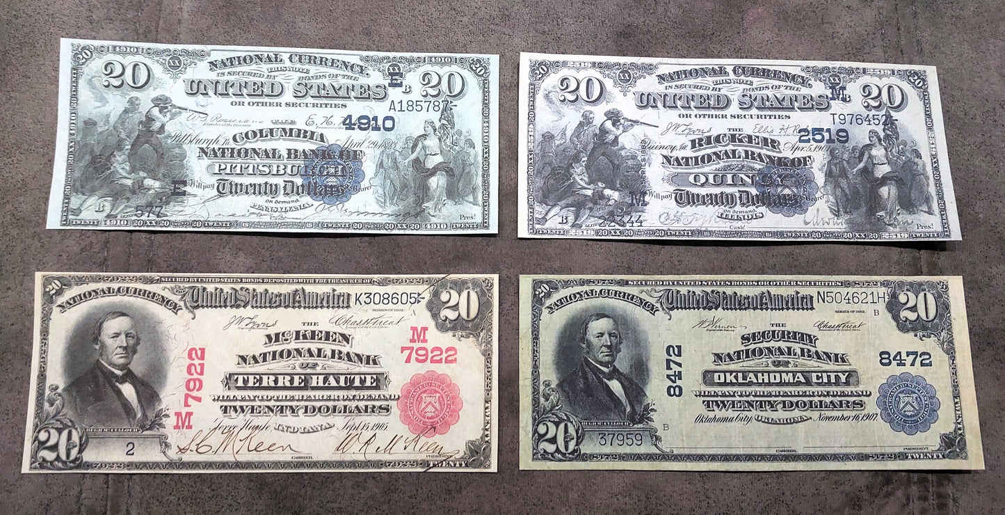US 20 Dollar National Bank notes 1882-1927 Red Seal, Blue Seal & Type B front