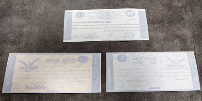US 3 Dollar, 5 Dollar and 10 Dollar 1815 Treasury Notes reverse side view