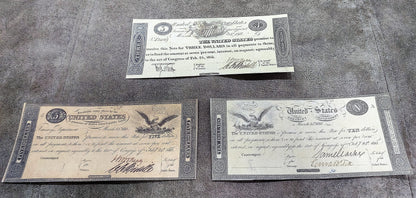 US 3 Dollar, 5 Dollar and 10 Dollar 1815 Treasury Notes historical currency front