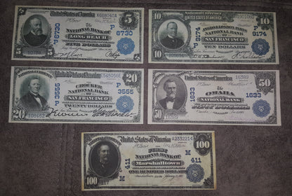 US 5 Dollar Garfield, 10 Dollar McKinley, and 20 Dollar Hugh McCulloch 1882-1902 Series National Bank Notes front