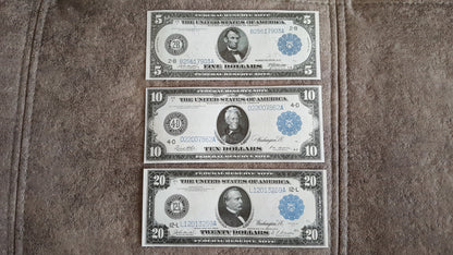 US 5 Dollar Lincoln, 10 Dollar Hamilton, and 20 Dollar Cleveland 1914 Series blue seal Federal Reserve Notes front