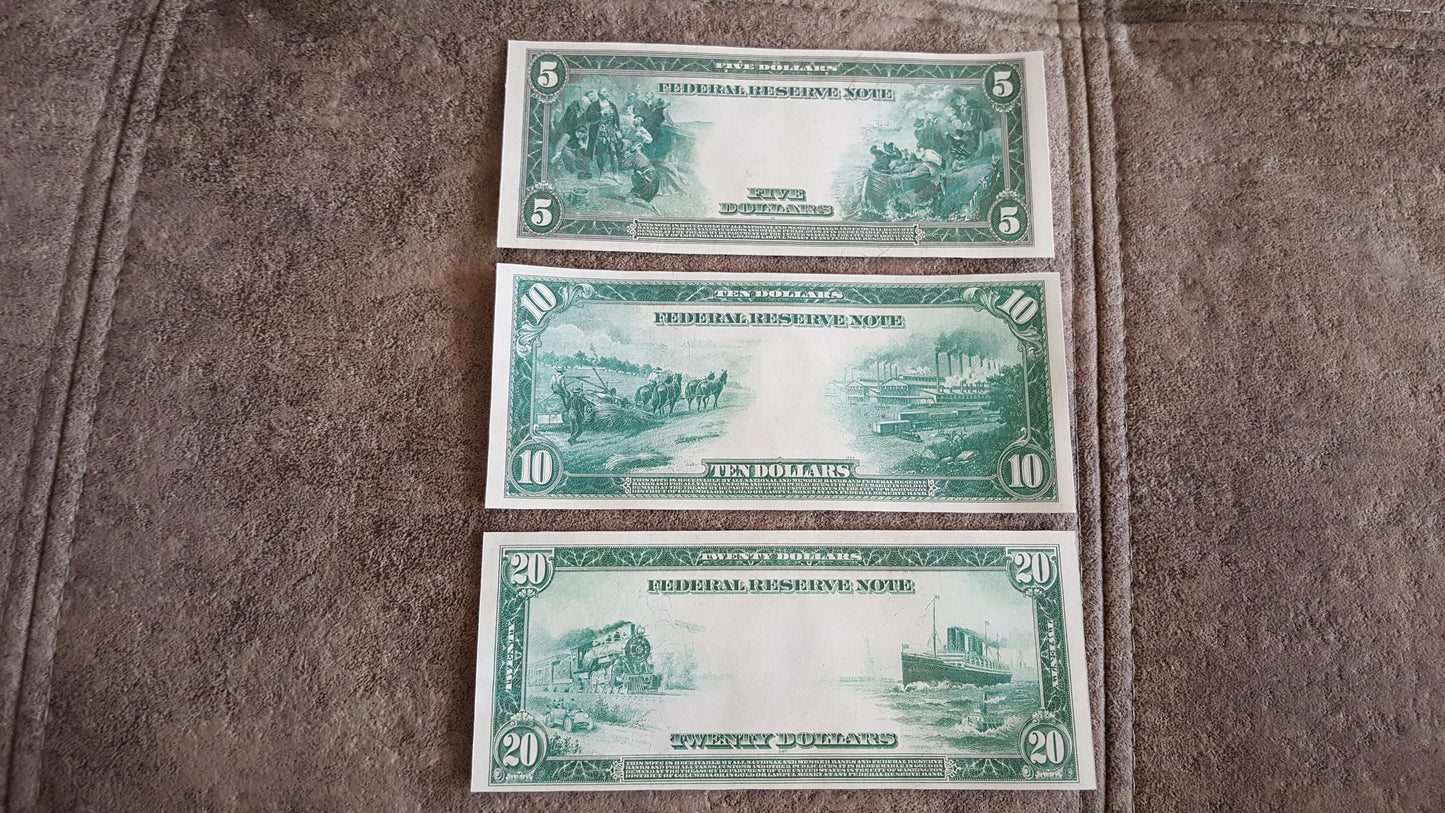 US 5, 10, and 20 Dollar 1914 Series Federal Reserve Notes reverse view showing vignette engravings