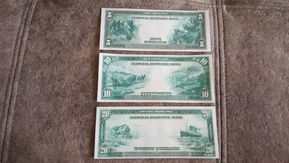 US 5, 10, and 20 Dollar 1914 Series Federal Reserve Notes reverse view showing vignette engravings
