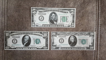 US 5 Dollar Lincoln, 10 Dollar Hamilton, and 20 Dollar Jackson 1928 Federal Reserve Notes front