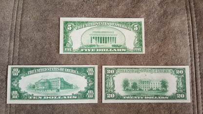 US 5, 10, and 20 Dollar 1928 Federal Reserve Notes reverse side greenback view