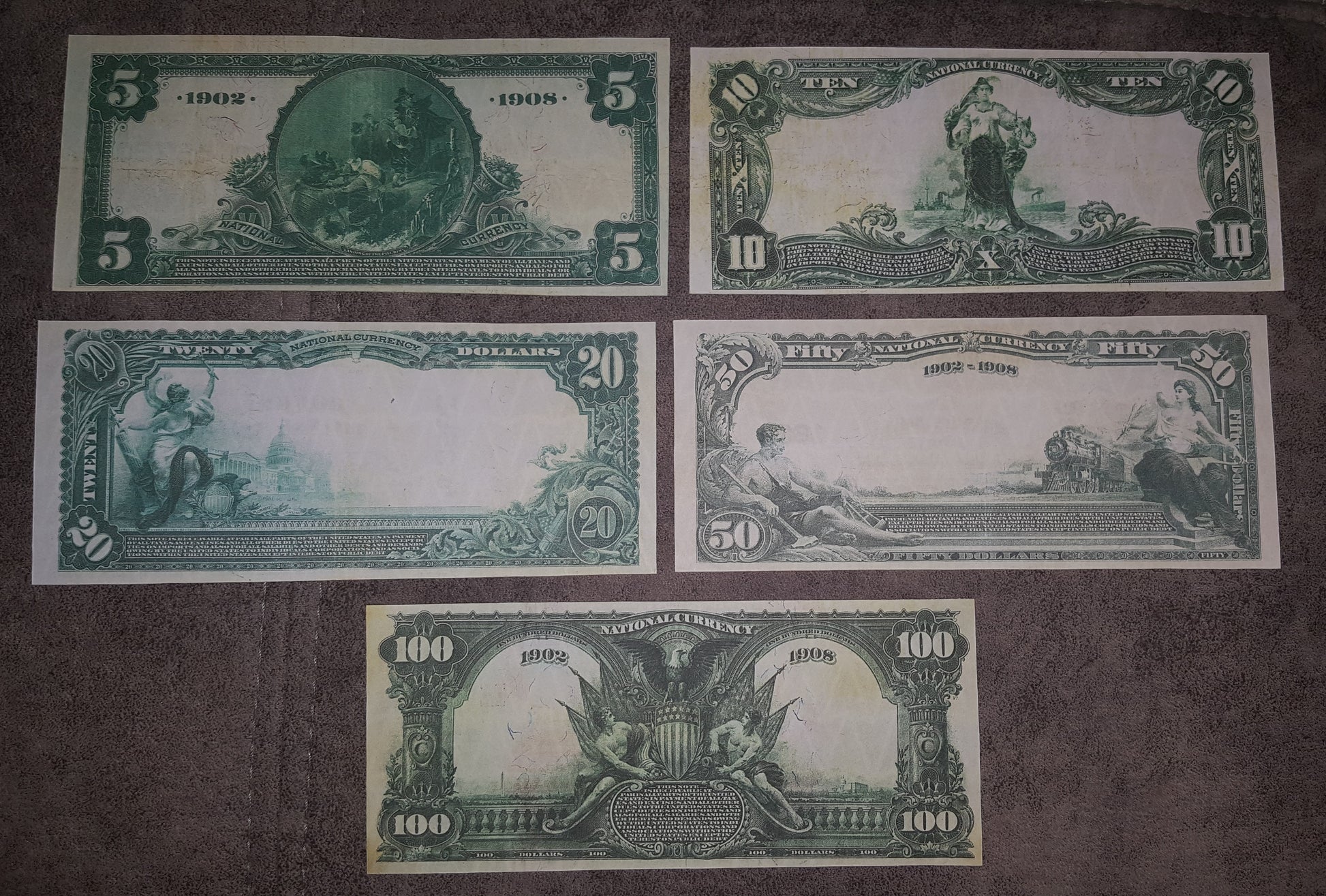 US 5, 10, and 20 Dollar 1882-1902 Series National Bank Notes reverse greenback view