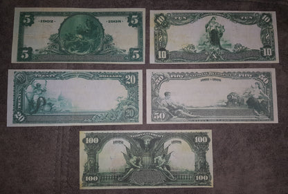 US 5, 10, and 20 Dollar 1882-1902 Series National Bank Notes reverse greenback view