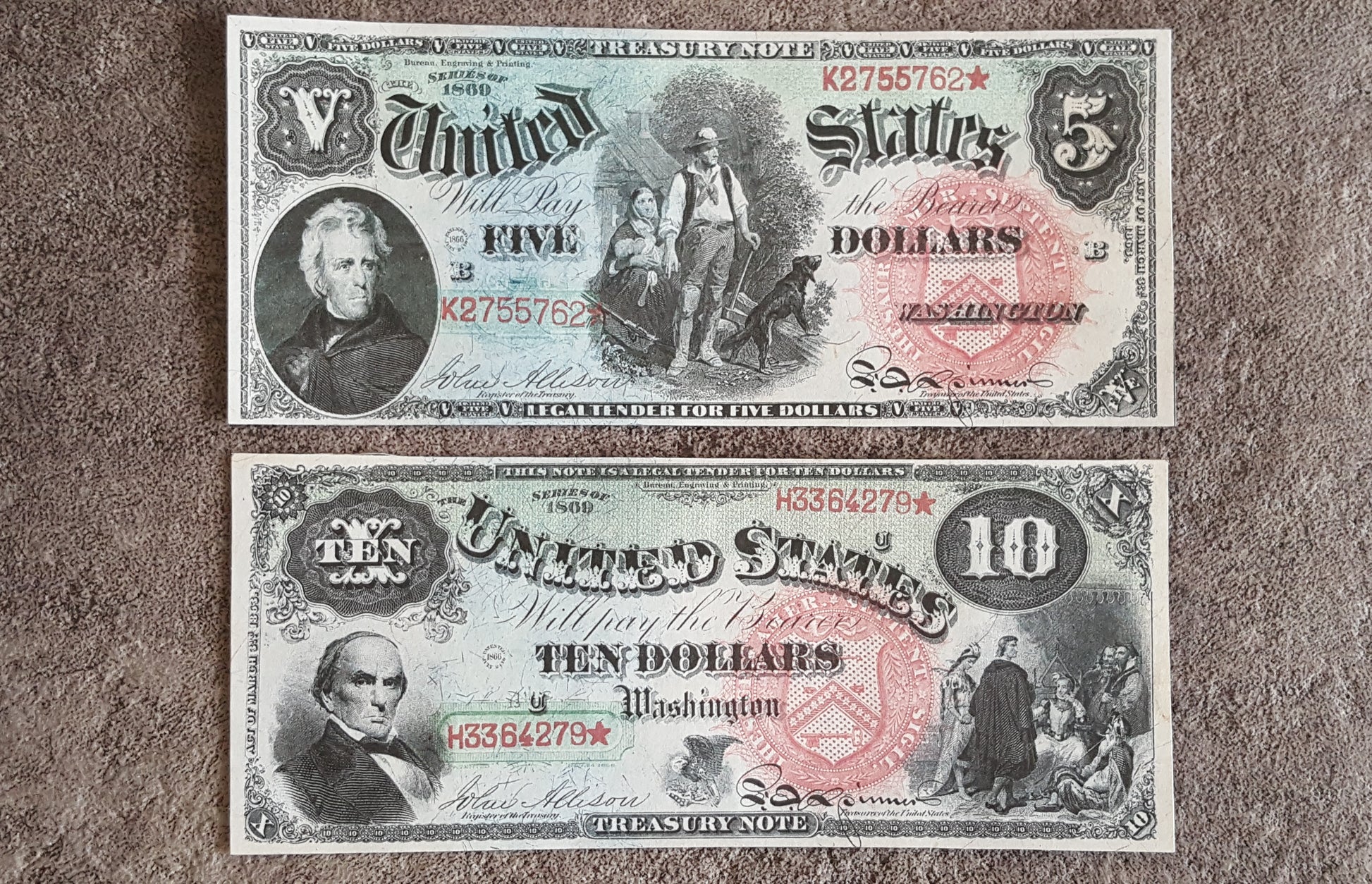 US 5 Dollar Jackson and 10 Dollar Lincoln 1869 Series Legal Tender Rainbow notes front