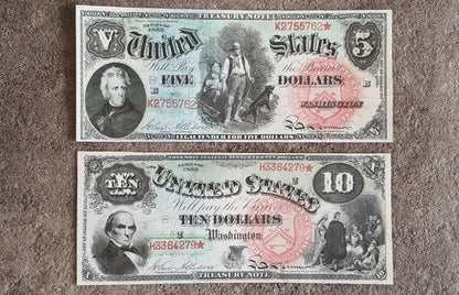 US 5 Dollar Jackson and 10 Dollar Lincoln 1869 Series Legal Tender Rainbow notes front