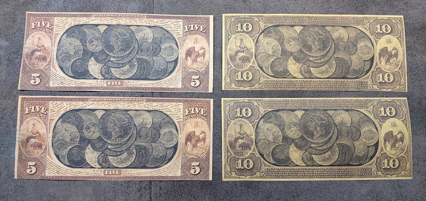 National Gold Bank Note 5 Dollar and 10 Dollar California historical notes reverse side view