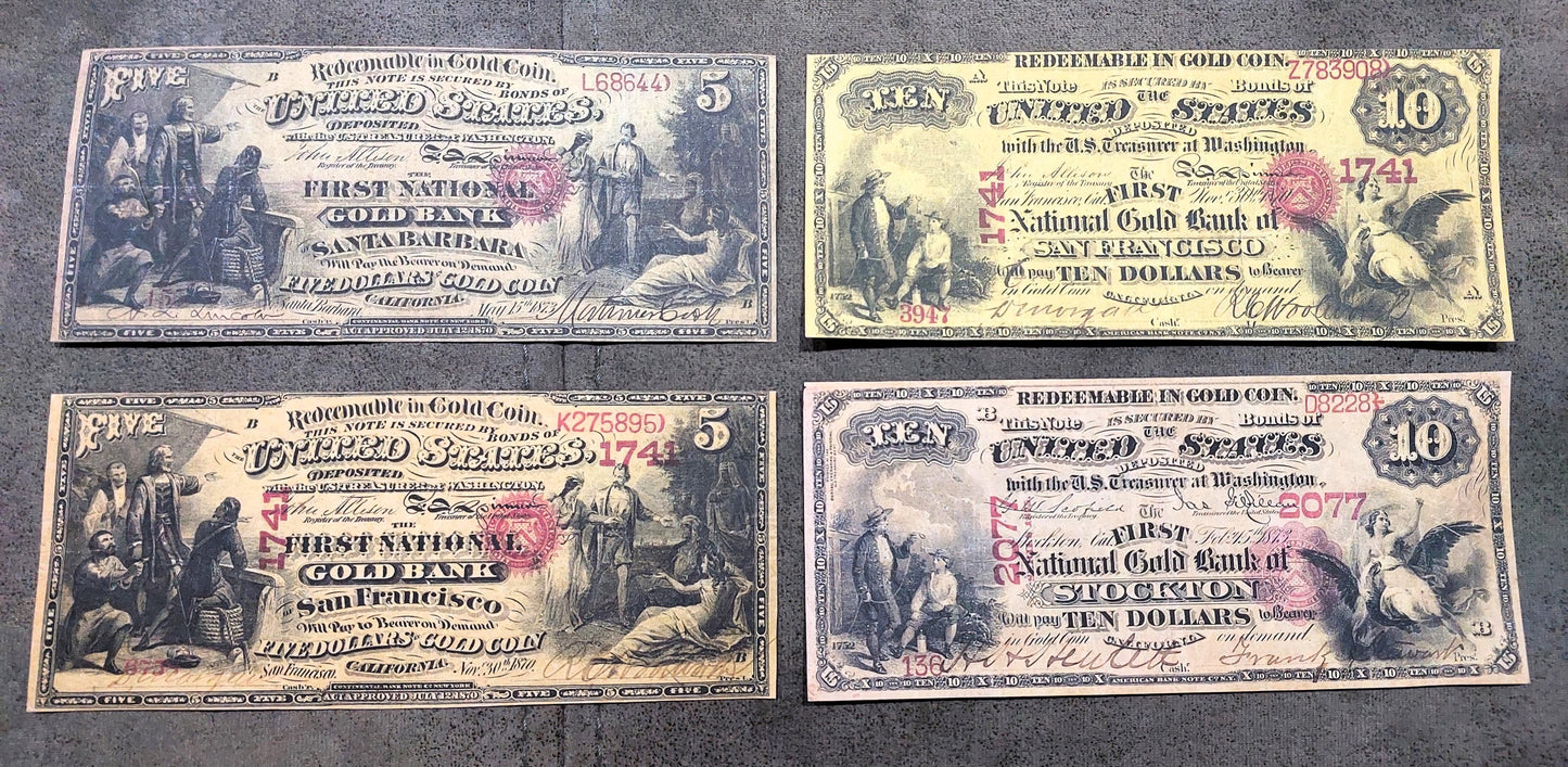 National Gold Bank Note 5 Dollar Santa Barbara, San Francisco and 10 Dollar Stockton notes front