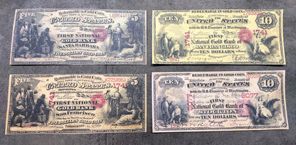 National Gold Bank Note 5 Dollar Santa Barbara, San Francisco and 10 Dollar Stockton notes front
