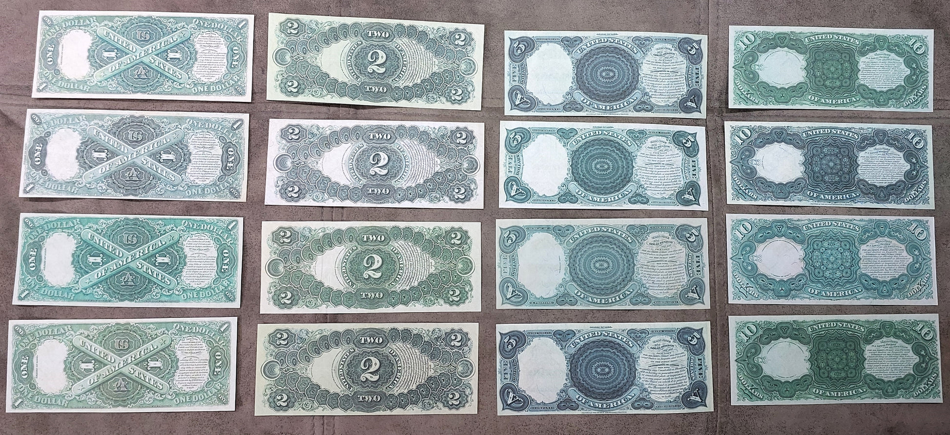US 5 Dollar and 10 Dollar 1880 Legal Tender historical paper money showing front and reverse sides