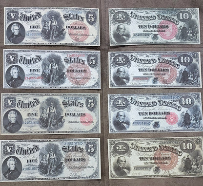 US 5 Dollar Jackson and 10 Dollar Webster 1880 Legal Tender notes with red and brown seals front