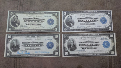US 5 Dollar Lincoln and 10 Dollar Hamilton 1914 Federal Reserve Bank Notes Atlanta and Kansas City districts front