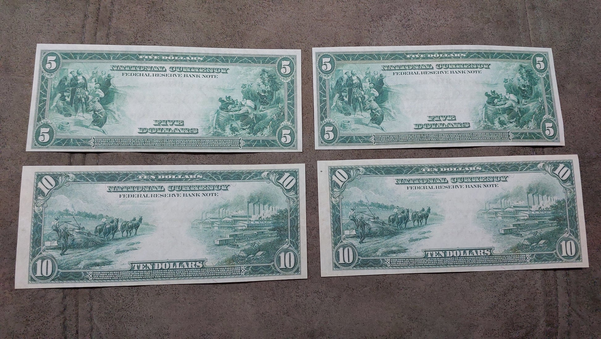 US 5 Dollar Columbus discovering land and 10 Dollar agriculture and industry 1914 notes reverse back view