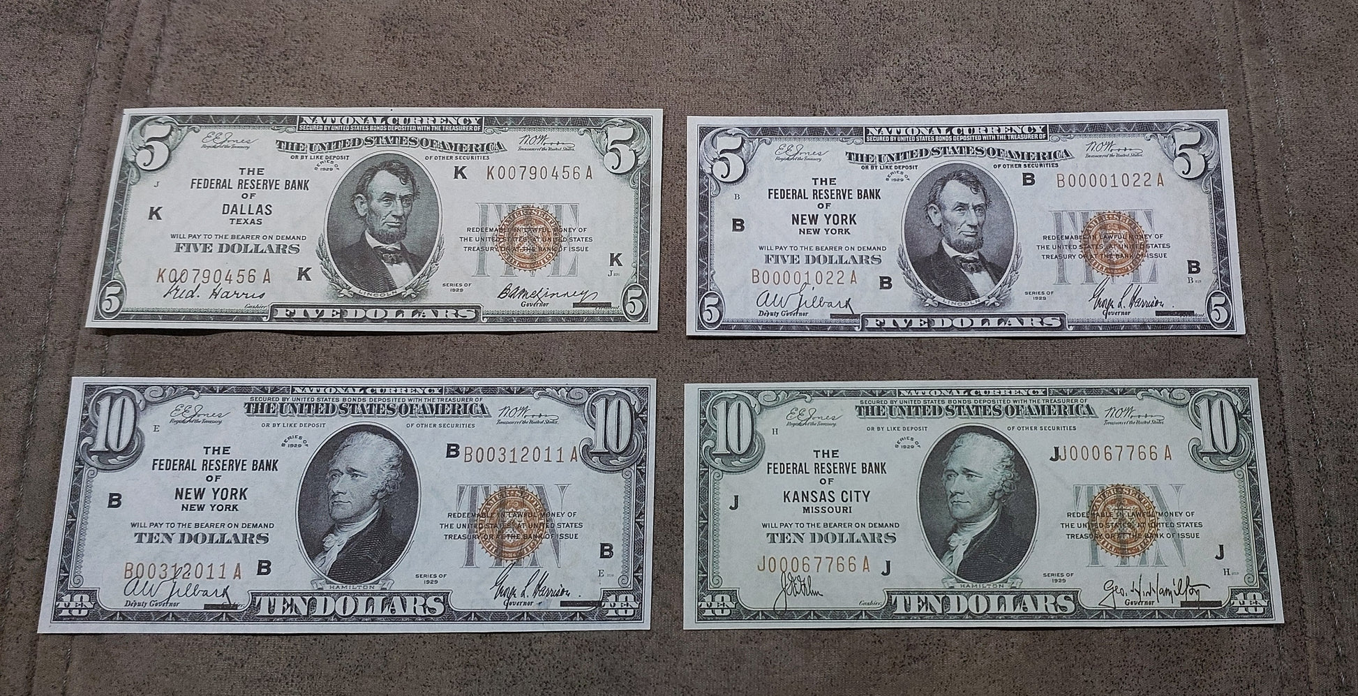 US 5 + 10 Dollar Lincoln 1929 Federal Reserve Bank Notes Dallas and New York district varieties front