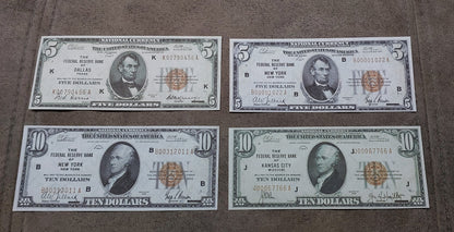 US 5 + 10 Dollar Lincoln 1929 Federal Reserve Bank Notes Dallas and New York district varieties front