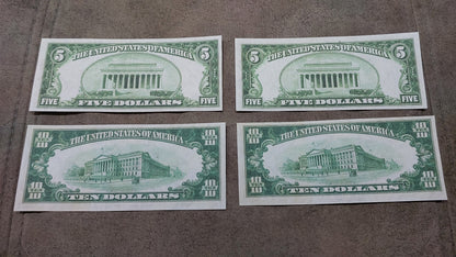US 5 + 10 Dollar Lincoln Memorial 1929 Federal Reserve Bank Notes reverse greenback view