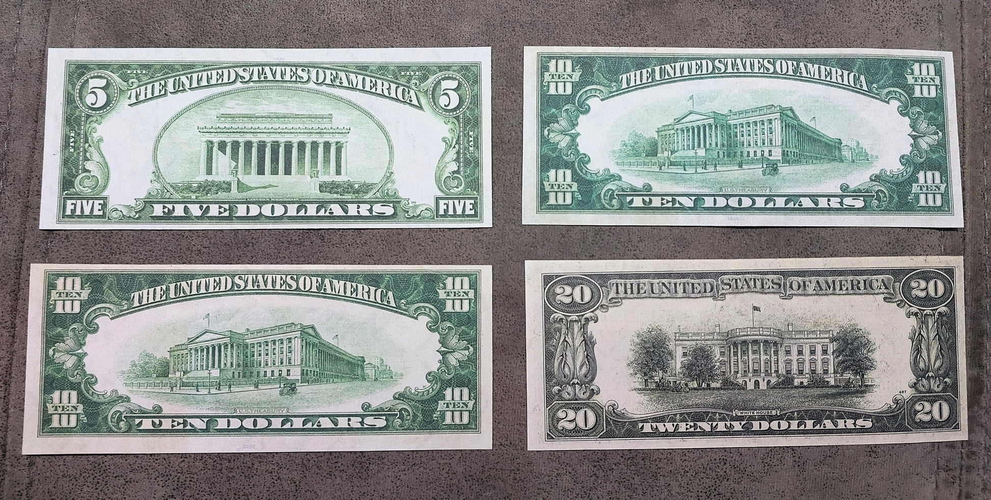 US 5 Dollar Lincoln Memorial and 10 Dollar US Treasury Federal Reserve Notes reverse back view