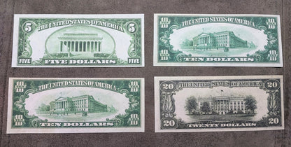 US 5 Dollar Lincoln Memorial and 10 Dollar US Treasury Federal Reserve Notes reverse back view