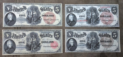 US 5 Dollar 1880 Legal Tender Andrew Jackson Pioneer family note varieties with red and brown seals front