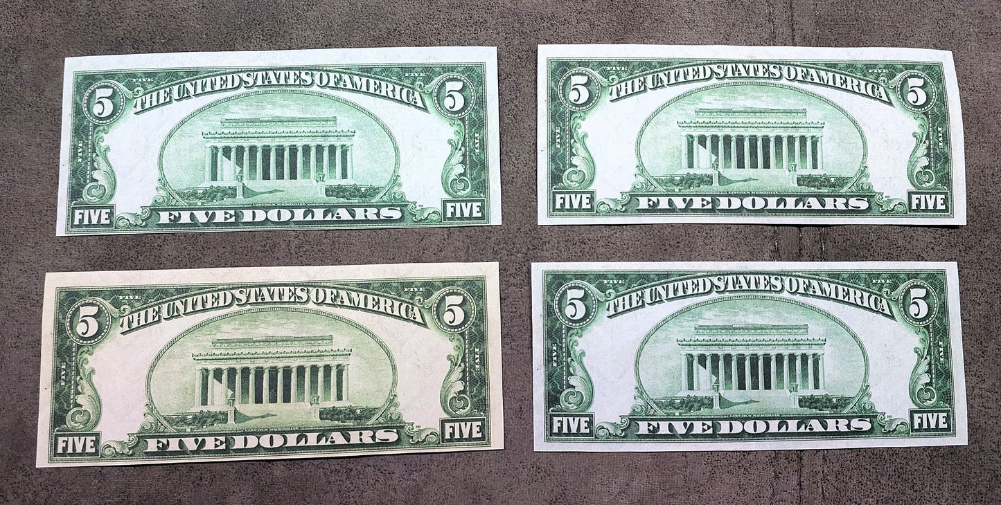 US 5 Dollar 1928 1953A 1963 Legal Tender Red Seal Lincoln star notes back