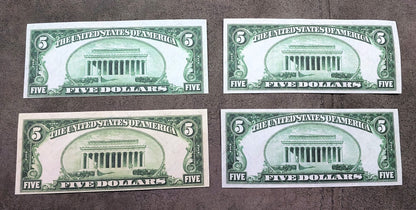 US 5 Dollar 1928 1953A 1963 Legal Tender Red Seal Lincoln star notes back