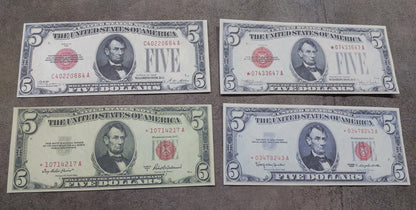 US 5 Dollar 1928 1953A 1963 Legal Tender Red Seal Lincoln star notes front