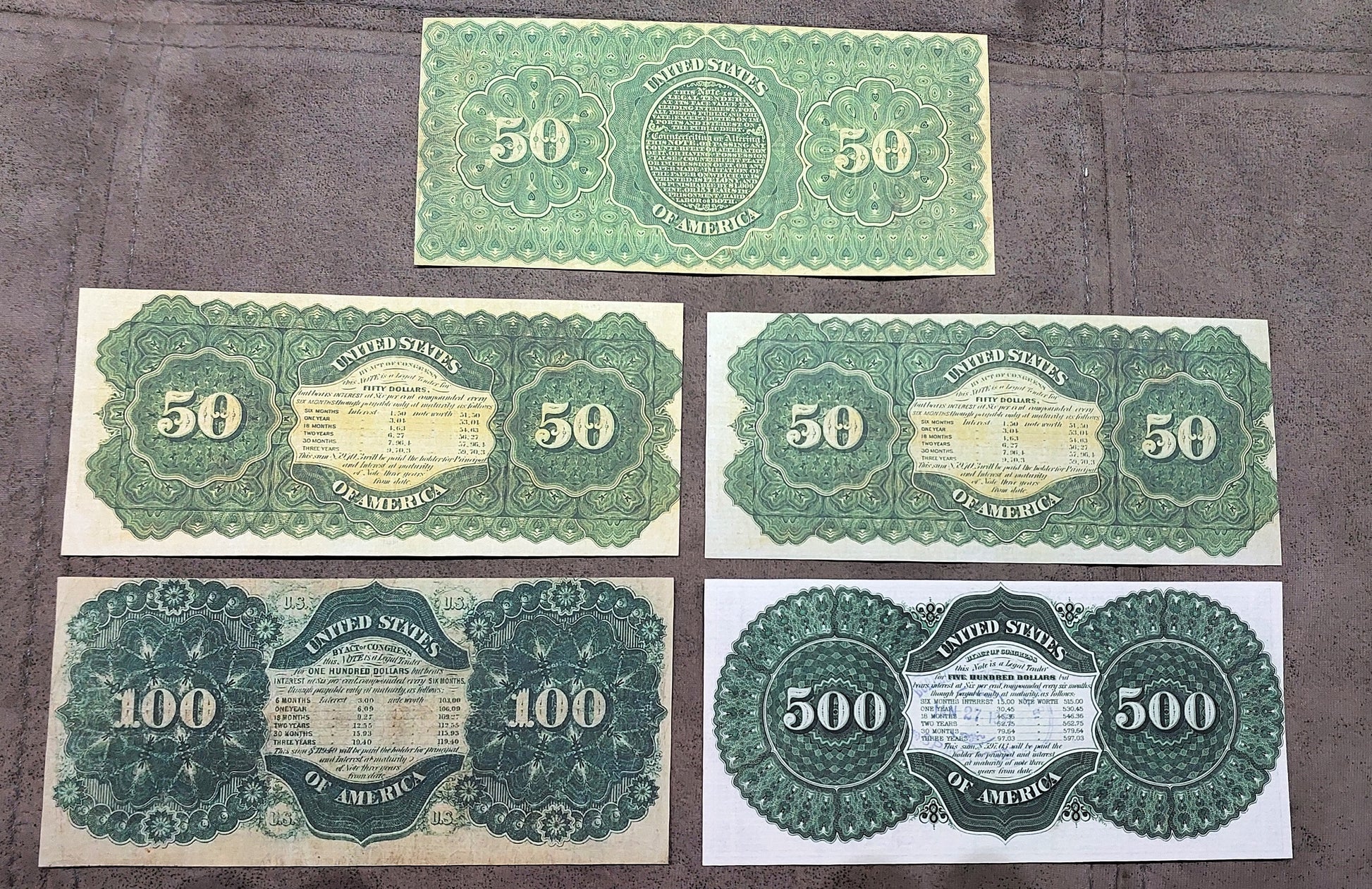 US 50 Dollar, 100 Dollar and 500 Dollar 1864-1865 high denomination Civil War Treasury Notes back