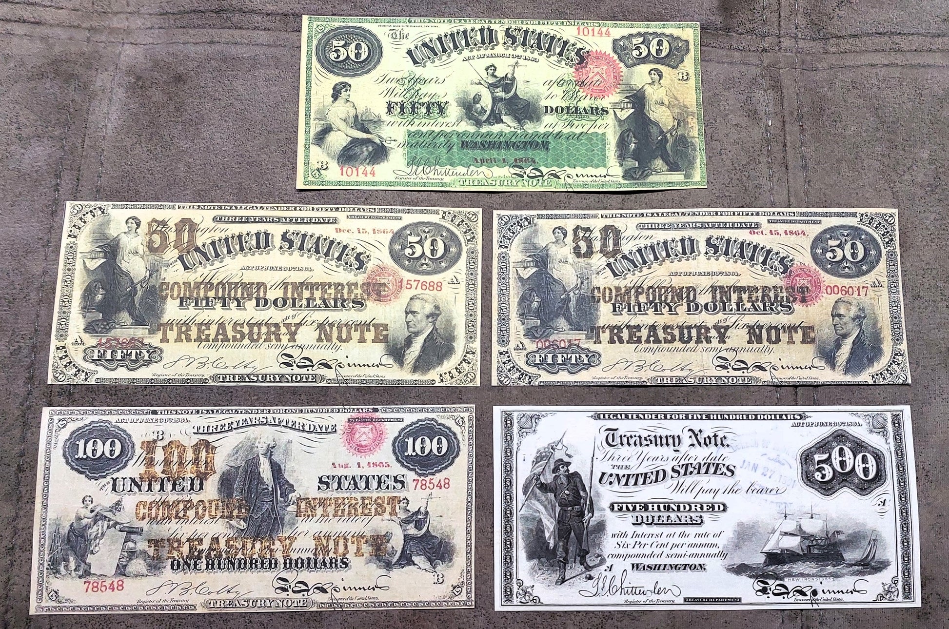US 50 Dollar, 100 Dollar and 500 Dollar 1864-1865 high denomination Civil War Treasury Notes front