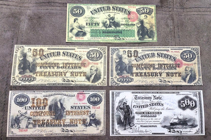 US 50 Dollar, 100 Dollar and 500 Dollar 1864-1865 high denomination Civil War Treasury Notes front
